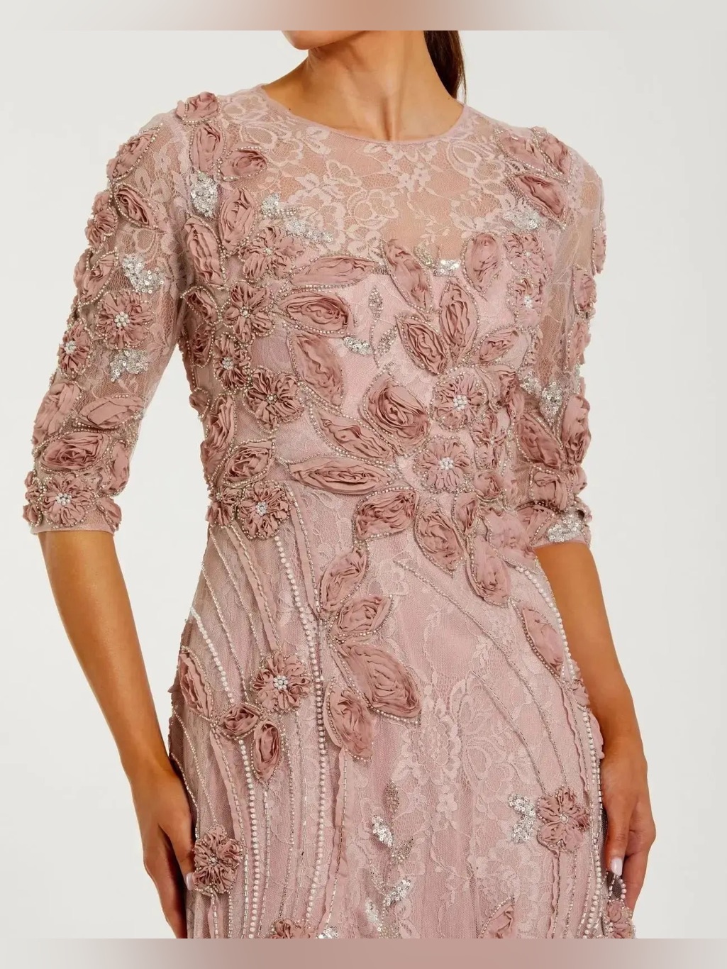 Mac Duggal Petite Pink High Neck Embellished Lace Gown With 3/4 Sleeves Size 20 — image 2 of 3